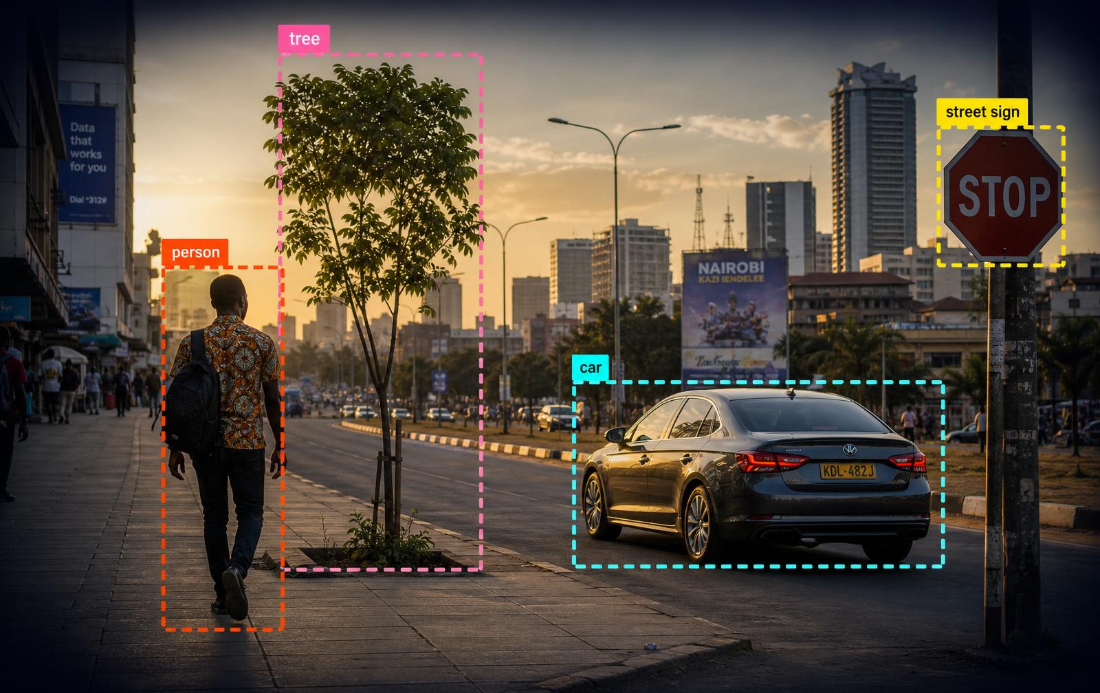 Computer vision dataset preview with labeled bounding boxes around a pedestrian, tree, car and street sign in an African city street scene